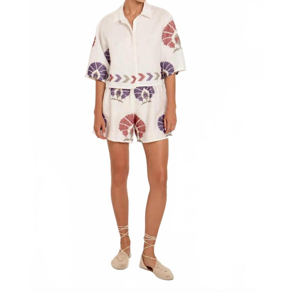 NEW GREEK ARCHAIC KORI mini peacock short sleeve shirt in white-purple